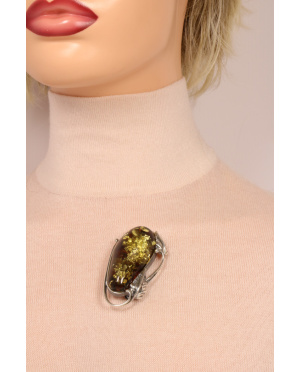 Srebrno bursztynowa broszka